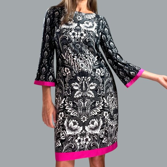 ELIZA J STRETCH FLORAL BLACK PINK TRIM SHIFT DRESS - Picture 1 of 9
